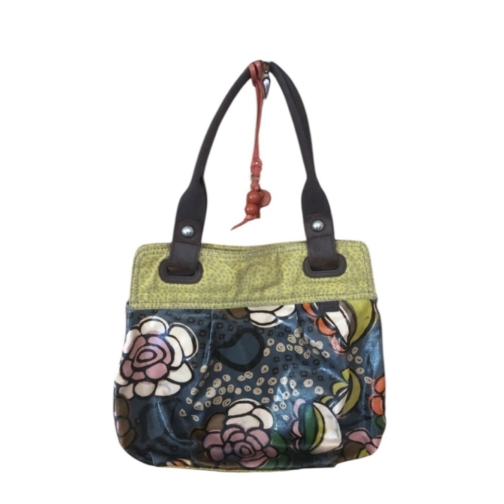Fossil Large Wax Canvas Key-Per Shoulder Bag Tote Floral Print Pockets 15X14
